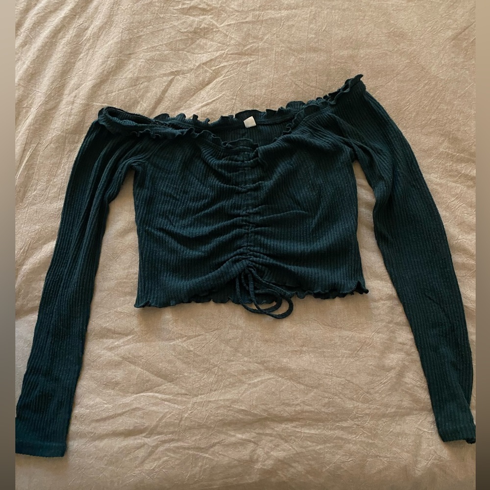 Emerald green off the shoulder long sleeve crop top from garage.